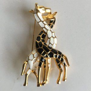 Two Giraffes Black and White Enameled Intertwined Necks Brooch Pin